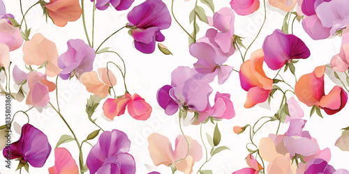 Elegant floral seamless pattern of vibrant sweet pea flowers in shades of pink, purple, and orange for luxury fabrics and wedding stationery.