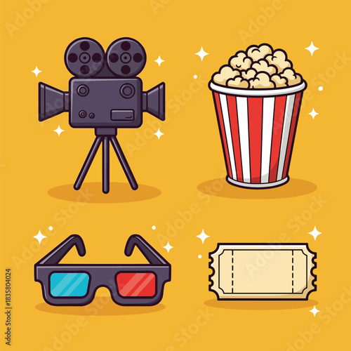 Cartoon cinema icons set with film camera popcorn 3D glasses and movie ticket illustration.