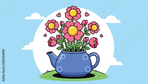 Charming cartoon blue teapot filled with vibrant pink and yellow flowers.