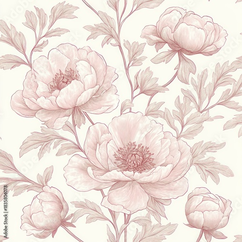 Delicate hand-drawn floral arrangement featuring blooming and budding peony flowers with soft, detailed leaves in subtle pastel tones evoking elegance and tranquility
