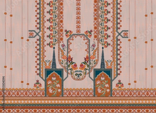 Intricate Ornamental Textile Design with Floral and Geometric Motifs on Pink Background