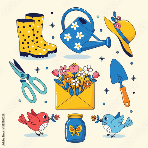 Colorful Spring Gardening Tools and Nature Elements Illustration.