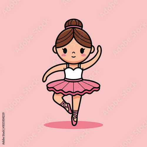 Cute cartoon ballerina character dancing in pink tutu and pointe shoes.