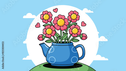 Cute cartoon blue teapot vase with vibrant pink and yellow flowers and floating hearts.