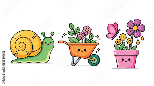Cute cartoon garden elements snail wheelbarrow with berries flower pot with butterfly and flowers.