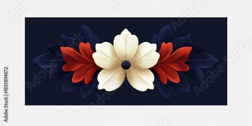 Stylized floral arrangement with a central cream flower surrounded by layered red and dark blue leaves against a black background