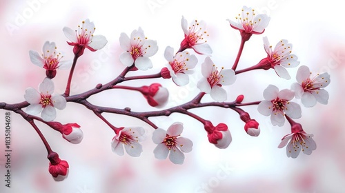 Close-up of delicate white and pink cherry blossoms on dark branches against a soft pastel background conveying spring freshness and beauty