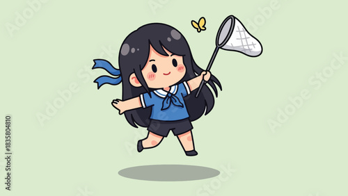 Cute cartoon girl with dark hair chasing a yellow butterfly with a net.