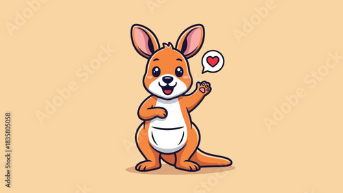 Cute cartoon kangaroo waving with a heart bubble happy and friendly marsupial character.