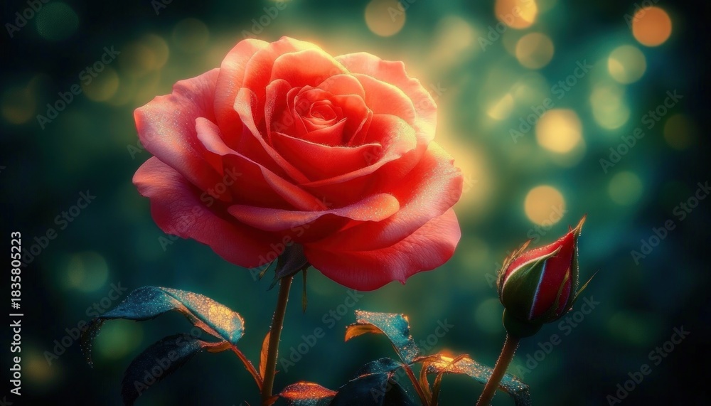 Obraz premium Close-up of a vibrant pink rose in full bloom with a rosebud beside it against a softly blurred background with glowing bokeh light spots expressing delicate beauty