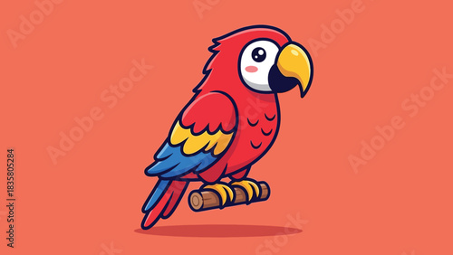 Cute cartoon red parrot with yellow beak perched on branch.