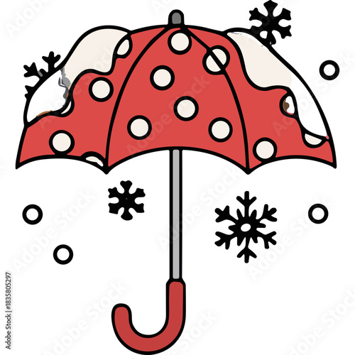 Whimsical Red Polka Dot Umbrella with Snowflakes Falling Gentle Winter Weather Accessory Protection Against Cold Precipitation Simple Cute Illustration
