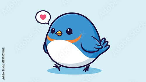 Cute Chubby Blue Cartoon Bird with Heart Speech Bubble.