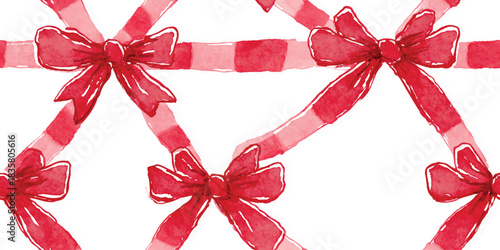 Watercolor seamless pattern of bold red plaid ribbon bows for holiday wrapping paper, Christmas design, and rustic fabrics.