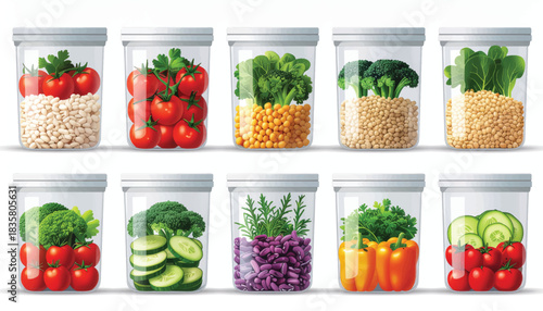 Healthy Meal Prep Containers with Fresh Ingredients Vector