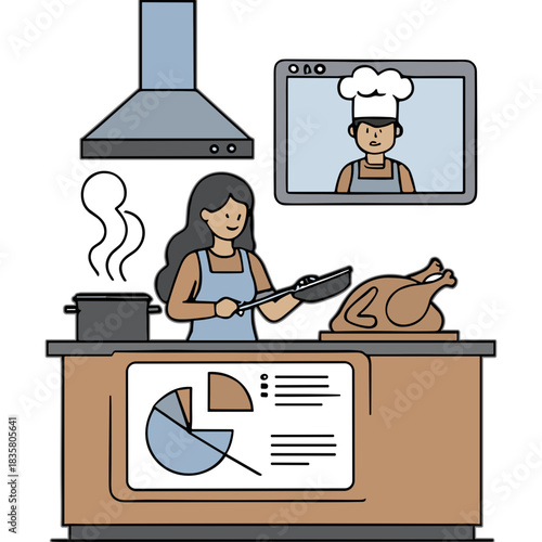 Woman Cooking Roasted Chicken Following Online Cooking Tutorial from Chef on Screen Kitchen Counter with Pie Chart and Steaming Pot