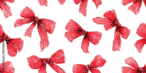 Watercolor seamless pattern of bold red plaid ribbon bows for holiday wrapping paper, Christmas design, and rustic fabrics.