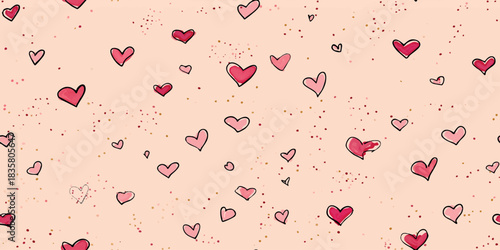 Doodle heart seamless pattern in pink sketch lines and glittery confetti on a soft blush background for stationery and romantic fabrics.