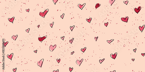 Doodle heart seamless pattern in pink sketch lines and glittery confetti on a soft blush background for stationery and romantic fabrics.