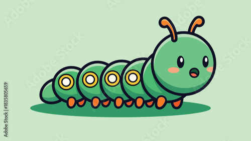Cute Green Cartoon Caterpillar with Segmented Body and Antennae.