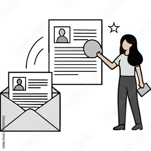 Woman Examining Resume Document Delivered Via Email With Envelope Symbolizing Job Application Process And Career Opportunity With Star Icon Representing Success And Achievement