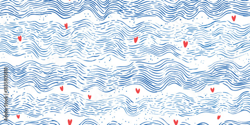 Abstract maritime seamless pattern of hand-painted blue wavy lines scattered with small red hearts for nautical apparel and design.