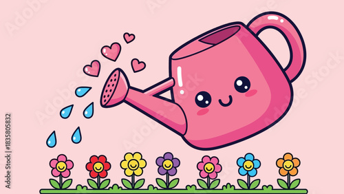 Cute Pink Cartoon Watering Can with Smiling Face Nurturing Colorful Flowers.