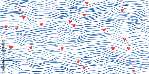 Abstract maritime seamless pattern of hand-painted blue wavy lines scattered with small red hearts for nautical apparel and design.