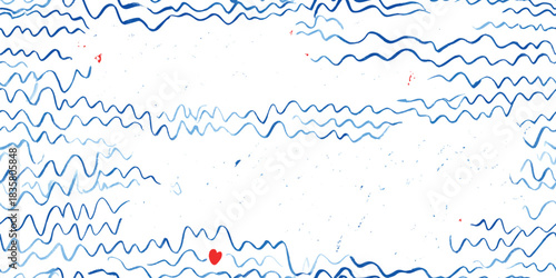 Abstract maritime seamless pattern of hand-painted blue wavy lines scattered with small red hearts for nautical apparel and design.