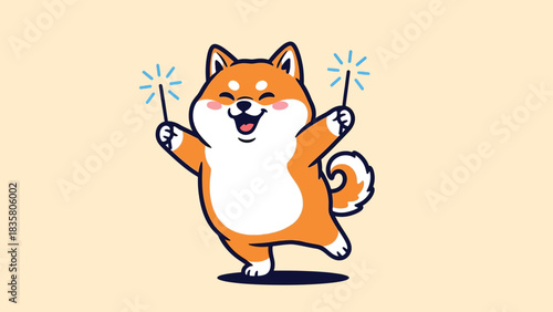 Happy cartoon Shiba Inu dog holding sparklers celebrating festive occasion.