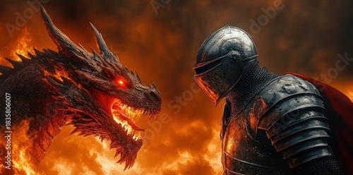 Armored medieval knight facing a fiery dragon with glowing eyes amid intense flames and smoke, evoking a mood of confrontation and epic fantasy battle