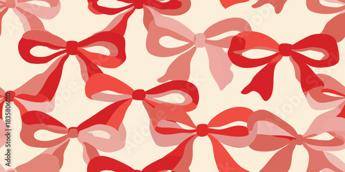 Abstract seamless pattern of overlapping layered ribbon bows in shades of red and pink on a warm neutral background for packaging and fabrics.