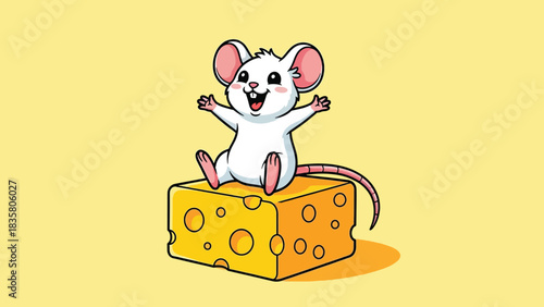 Happy Cartoon White Mouse Sitting on a Block of Swiss Cheese 1.