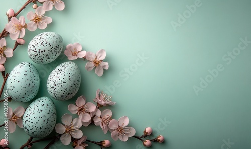 Arrangement of four speckled blue eggs and pink cherry blossoms on a soft teal background evoking a delicate and serene springtime mood