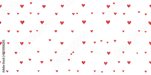 Minimalistic seamless pattern of small hand-drawn red hearts arranged randomly on a clean white background for subtle design and packaging