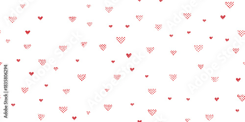 Minimalistic seamless pattern of small hand-drawn red hearts arranged randomly on a clean white background for subtle design and packaging