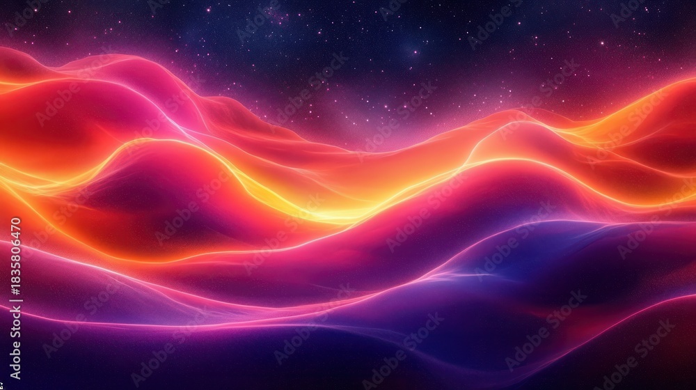 Fototapeta premium Glowing flowing abstract waves in vibrant purple, pink, and orange hues against a starry night sky conveying a sense of wonder and motion