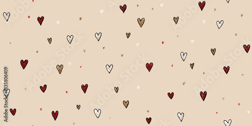 Doodle heart seamless pattern in gold glitter, red, and brown accents on a soft neutral beige background for gift wrapping and fabrics