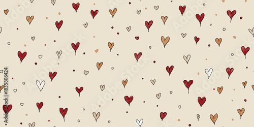 Doodle heart seamless pattern in gold glitter, red, and brown accents on a soft neutral beige background for gift wrapping and fabrics