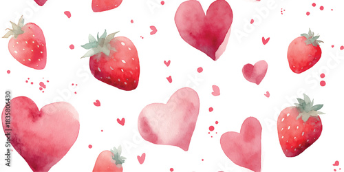 Watercolor seamless pattern of heart-shaped strawberries and pink hearts on a white background for summer packaging and fabrics.