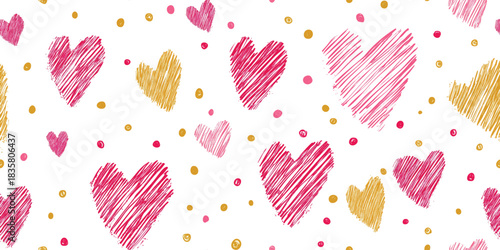 Playful seamless pattern of scribbled hearts in pink, magenta, and gold on a white background for fun stationery and textiles.