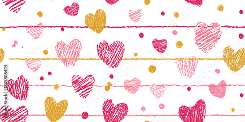 Playful seamless pattern of scribbled hearts in pink, magenta, and gold on a white background for fun stationery and textiles.