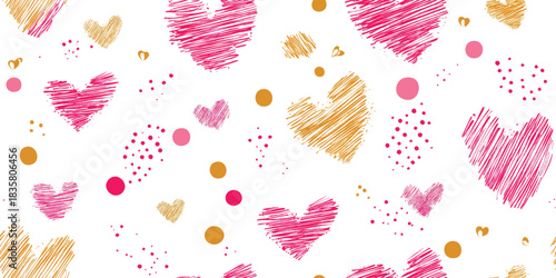 Playful seamless pattern of scribbled hearts in pink, magenta, and gold on a white background for fun stationery and textiles.
