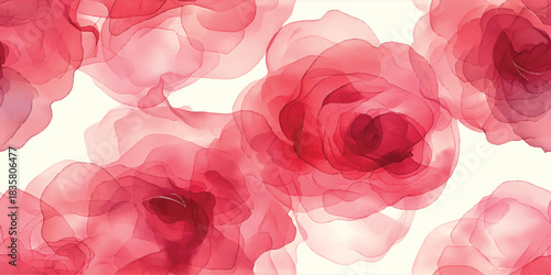 Abstract fluid art seamless pattern of large, layered red and pink watercolor rose blooms on a light background for luxury design.