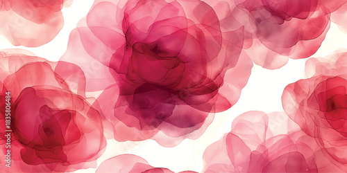 Abstract fluid art seamless pattern of large, layered red and pink watercolor rose blooms on a light background for luxury design.