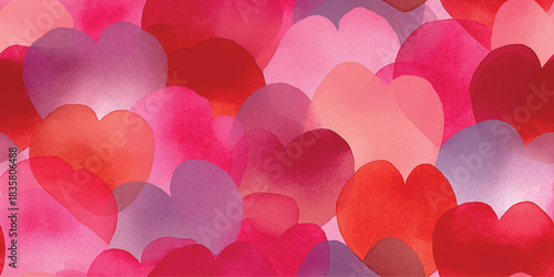 Abstract watercolor heart seamless pattern with overlapping red and pink translucent shapes for romantic backgrounds and fabrics.