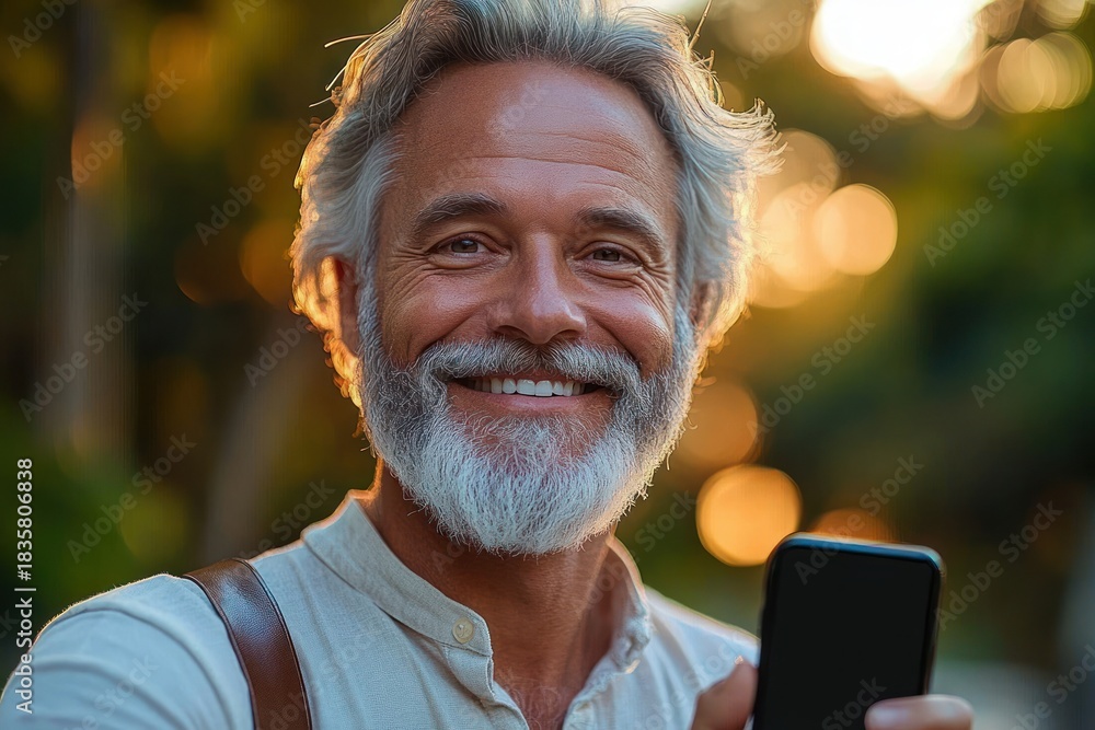 Obraz premium Smiling elderly man with white beard holding a smartphone outdoors with a blurred sunset background