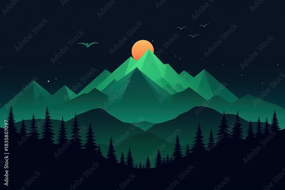 Fototapeta premium Stylized green mountain range with pine trees in foreground and a glowing sun or moon rising behind peaks under dark starry sky with flying birds