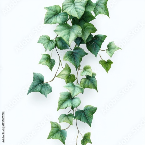 Close-up of vibrant green hanging ivy leaves with detailed veins against a soft white background, showcasing natural freshness and calmness