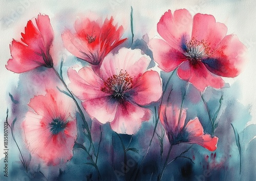 Soft watercolor painting of delicate pink and red flowers with thin stems against a muted blue and white background, evoking a gentle and serene mood